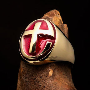 Knights Templar Ring - Gold & Red Cross Solid Brass - Bricks Masons