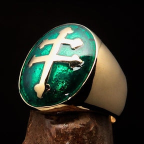 Knights Templar Ring - Green Brass Lorraine Cross - Bricks Masons