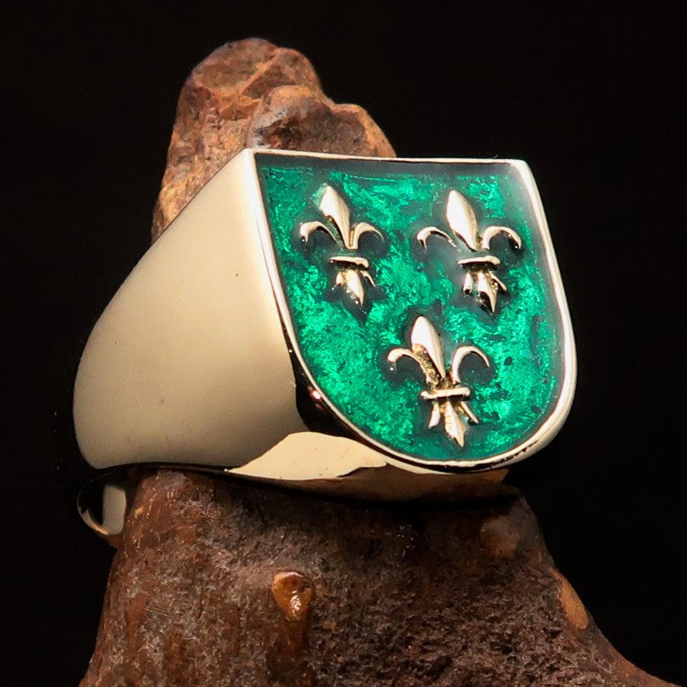 Knights Templar Ring - Green Knight Fleur De Lis Cross - Bricks Masons