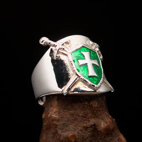 Knights Templar Ring - Green Templar Shield Cross Sterling Silver - Bricks Masons