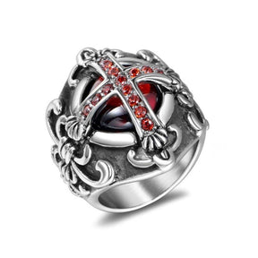 Knights Templar Ring - Red Stone Cross Silver and Gold - Bricks Masons
