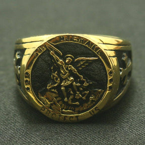 Knights Templar Ring - St. Michael Protect Us Golden - Bricks Masons