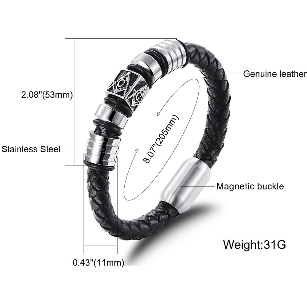 Master Mason Blue Lodge Bracelet - Compass and Square G Leather with Magnetic Clasp - Bricks Masons