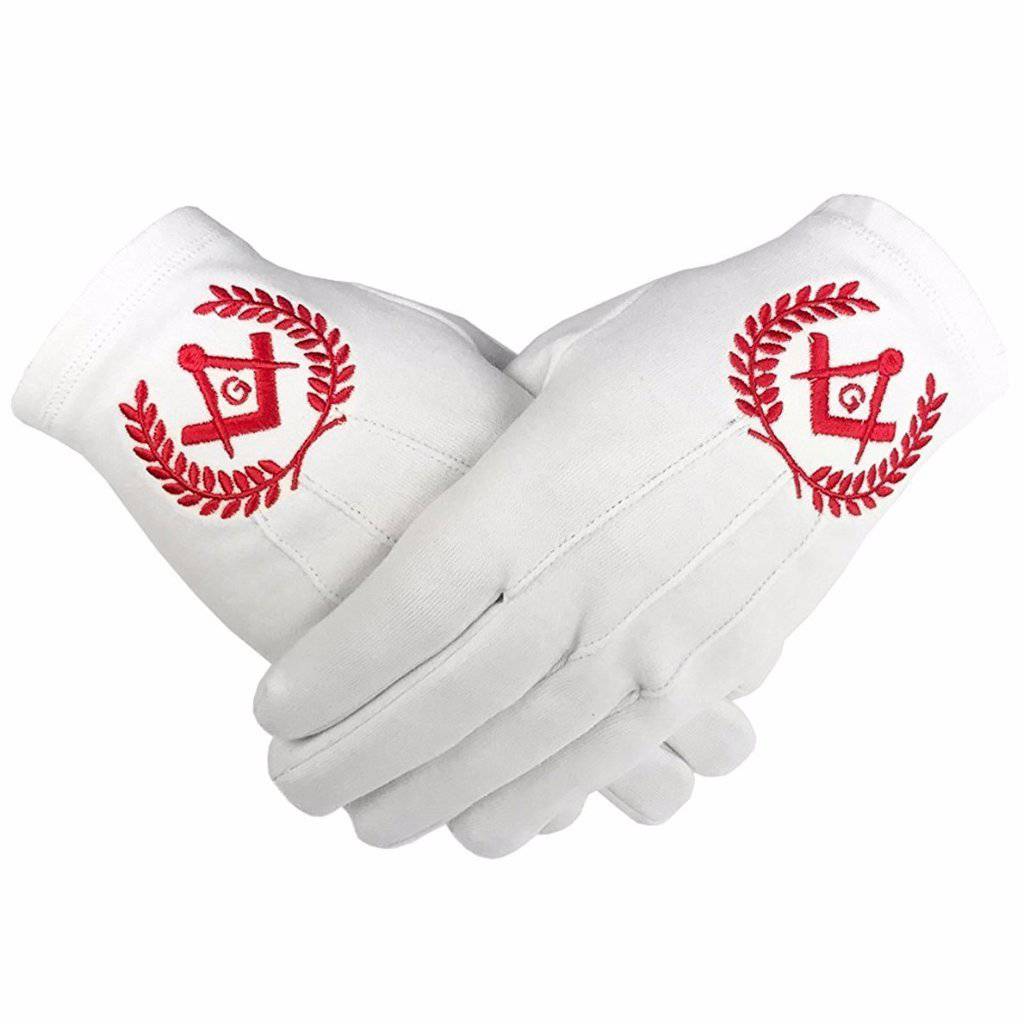 Master Mason Blue Lodge Gloves - White Cotton Machine Embroidery - Bricks Masons