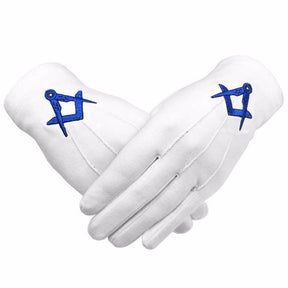 Master Mason Blue Lodge Gloves - White Cotton with Blue Square & Compass - Bricks Masons