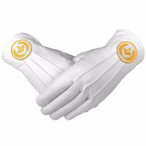 Master Mason Blue Lodge Gloves - White Leather with Yellow Square & Compass G - Bricks Masons