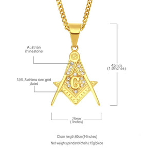 Master Mason Blue Lodge Necklace - Zirconia Stainless Steel Square Compass G Pendant - Bricks Masons