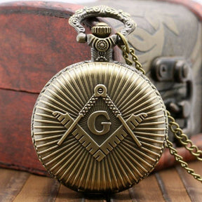 Master Mason Blue Lodge Pocket Watch - Antique Square and Compass G Bronze Quartz - Bricks Masons