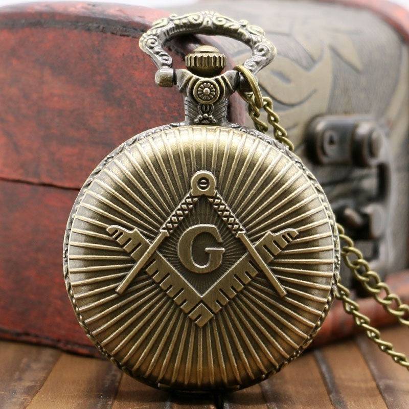 Master Mason Blue Lodge Pocket Watch - Antique Square and Compass G Bronze Quartz - Bricks Masons