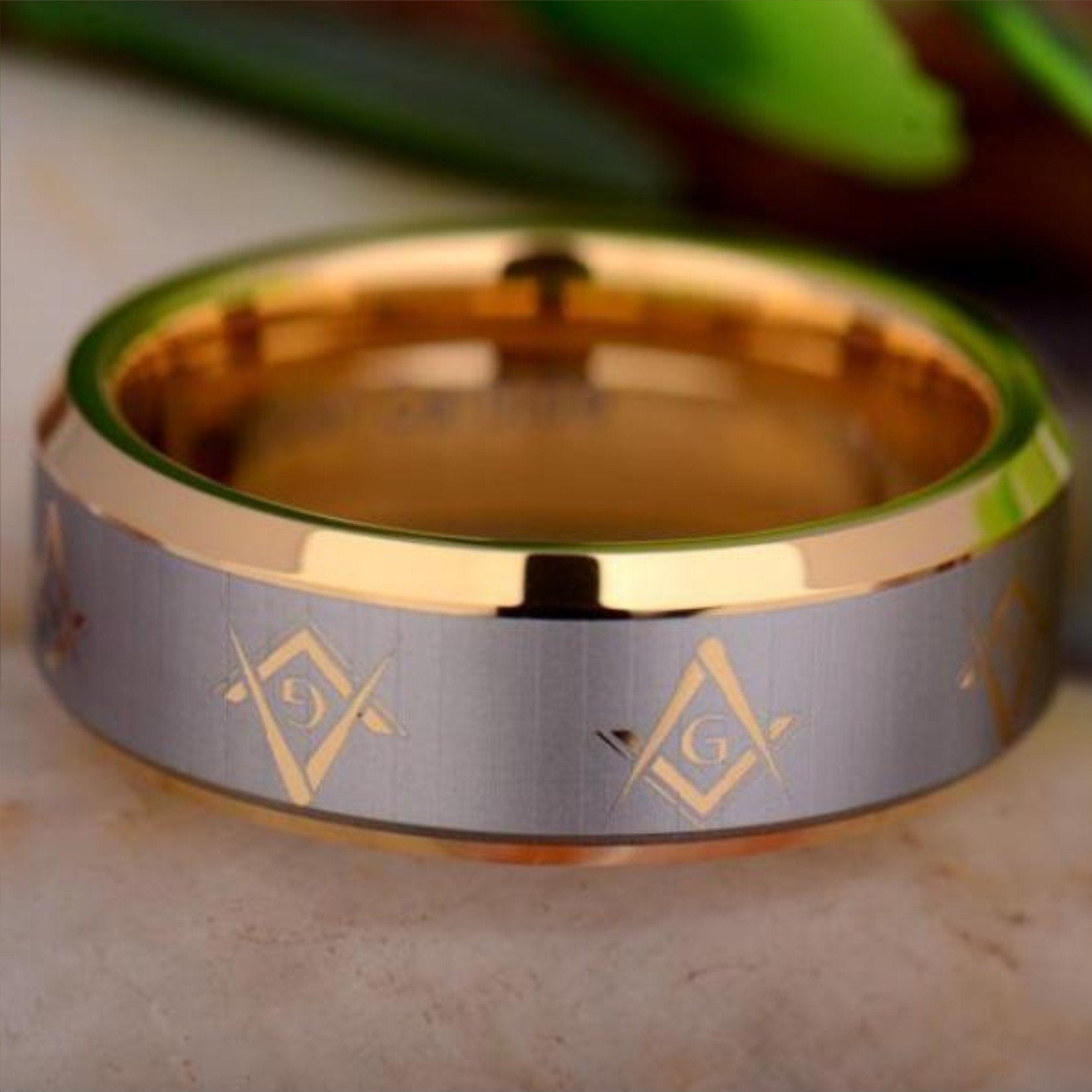 Master Mason Blue Lodge Ring - Gold Beveled Tungsten Personalizable - Bricks Masons