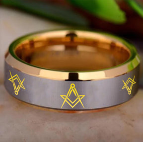 Master Mason Blue Lodge Ring - Gold Beveled Tungsten Personalizable - Bricks Masons