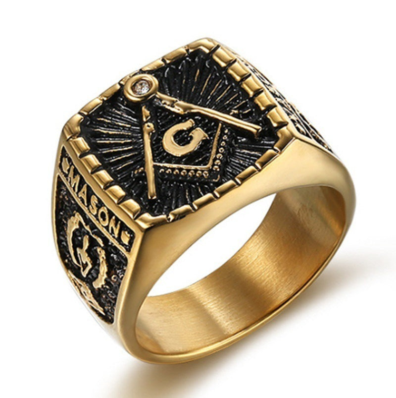 Master Mason Blue Lodge Ring - Gold & Black Titanium Steel Square and Compass G - Bricks Masons
