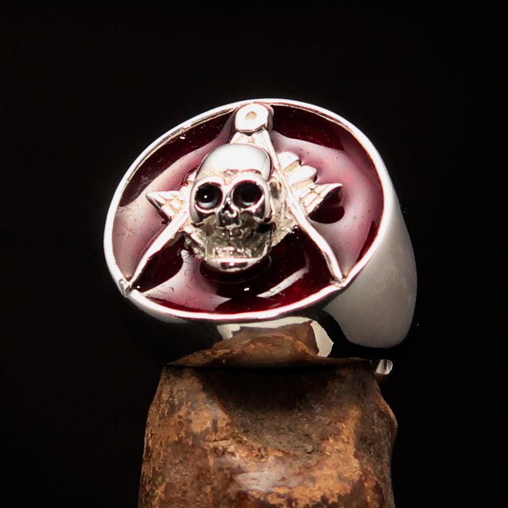 Master Mason Blue Lodge Ring - Red Sterling Silver With Skull Square Compass - Bricks Masons