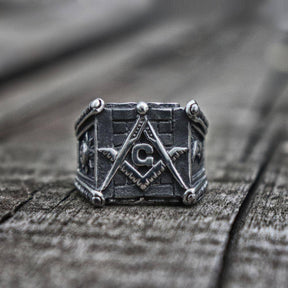 Master Mason Blue Lodge Ring - Square & Compass G/Sun and Moon Stainless Steel - Bricks Masons
