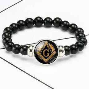 Master Mason Blue Lodge Bracelet - Compass & Square G Black Beads - Bricks Masons