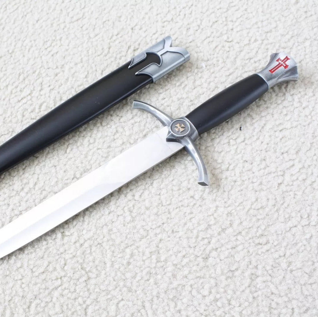 Knights Templar Sword - Silver Medieval Red Cross Crusader With Black Scabbard (15.4") - Bricks Masons
