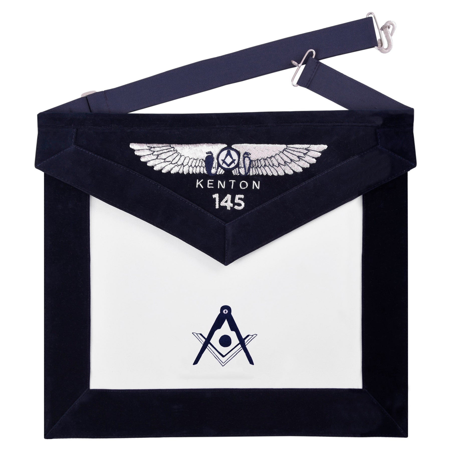 Senior Deacon Blue Lodge Officer Apron - Kenton Lodge Navy Velvet With Silver Embroidery Thread - Bricks Masons