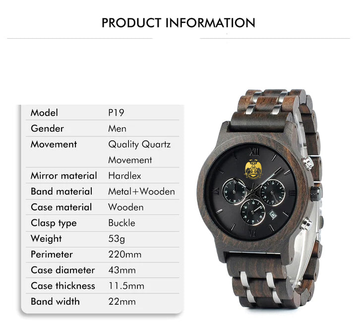 32nd Degree Scottish Rite Wristwatch - Wings Down Various Wood Colors - Bricks Masons