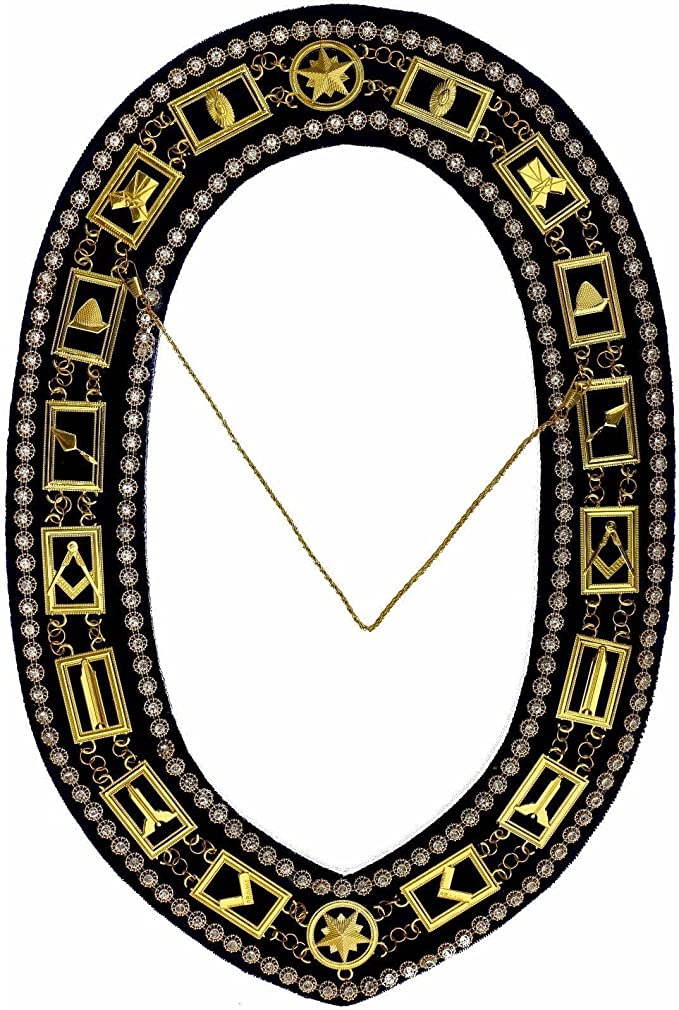 Blue Lodge Chain Collar - Gold Plated with Rhinestones on Blue Velvet - Bricks Masons