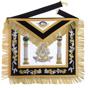 Past Master Blue Lodge California Regulation Apron - Black & Gold Hand Embroidery Bullion With Pillars - Bricks Masons