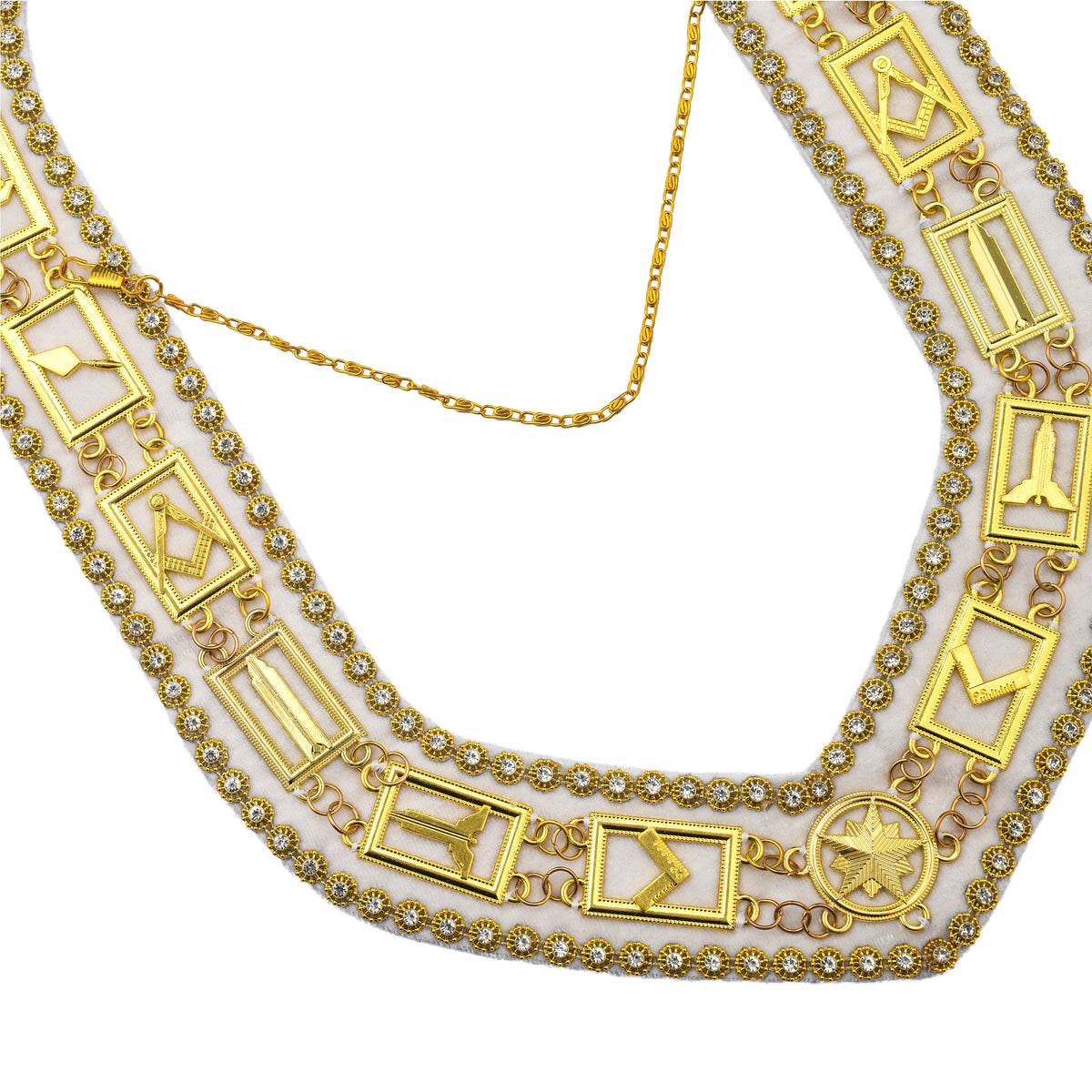 Blue Lodge Chain Collar - Gold Plated With Rhinestones On White Velvet - Bricks Masons