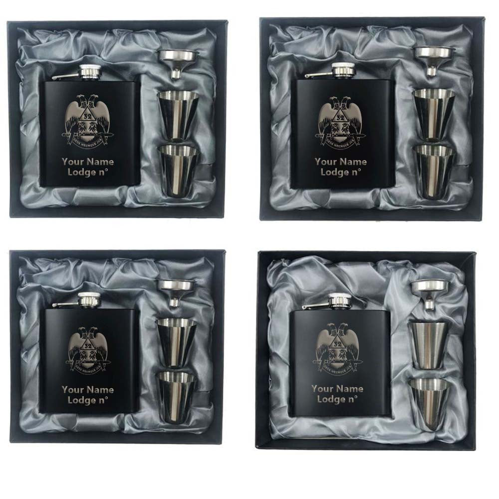 32nd Degree Scottish Rite Flask -  Wings Down 2 Shot Glasses & Funnel - Bricks Masons