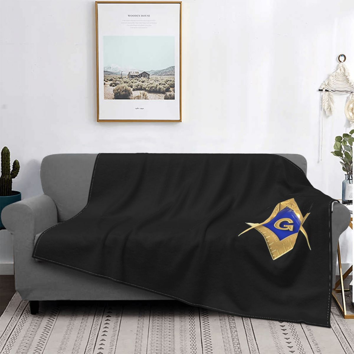 Master Mason Blue Lodge Blanket - Golden Square & Compass G Coral Fleece - Bricks Masons
