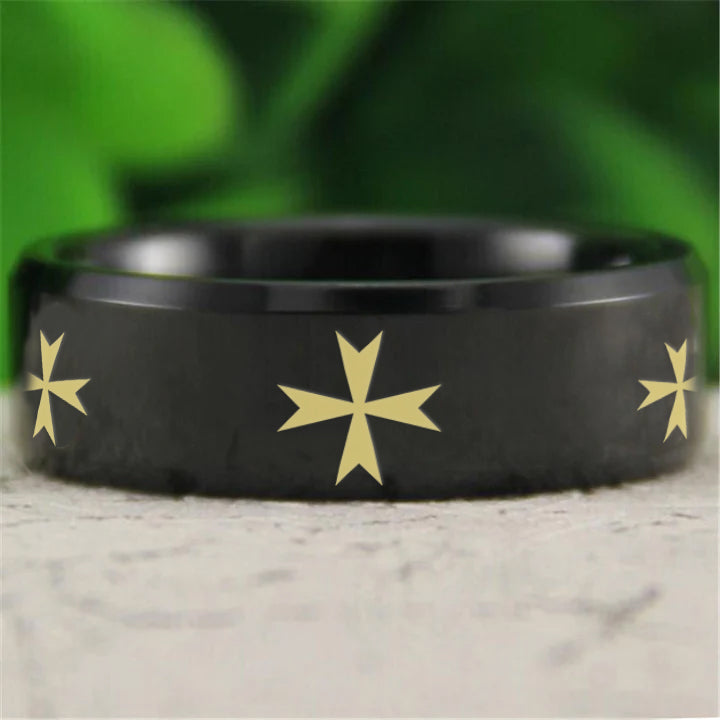 Order of Malta Commandery Ring - Reverse Comfort Fit Tungsten - Bricks Masons